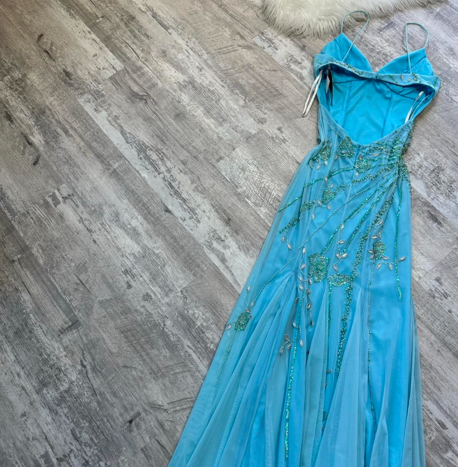Vintage Blue Sheath Spaghetti Strap Long Prom Dress Beaded Chiffon Evening Dress Stunning Formal Dress ED03791