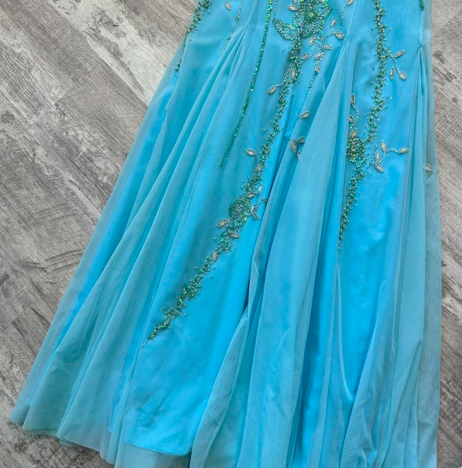 Vintage Blue Sheath Spaghetti Strap Long Prom Dress Beaded Chiffon Evening Dress Stunning Formal Dress ED03791