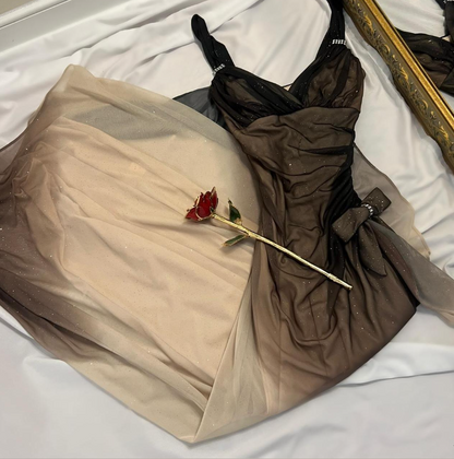 Gradient Brown Vintage Sheath Spaghetti Strap Long Evening Gown Gorgeous Sequin Chiffon Formal Dress Birthday Dress ED03796