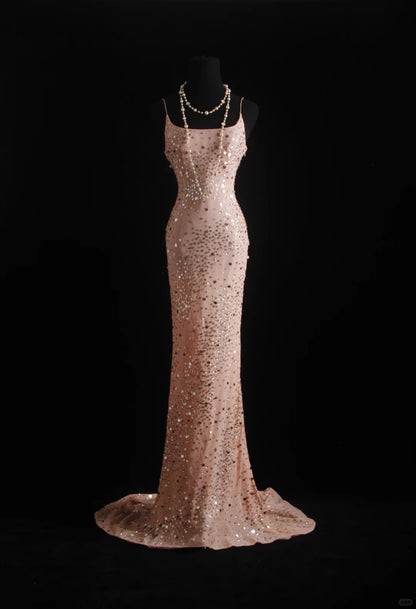 Pink Vintage Mermaid Spaghetti Strap Long Evening Gown Gorgeous Sequin Chiffon Formal Dress Prom Dress ED03798