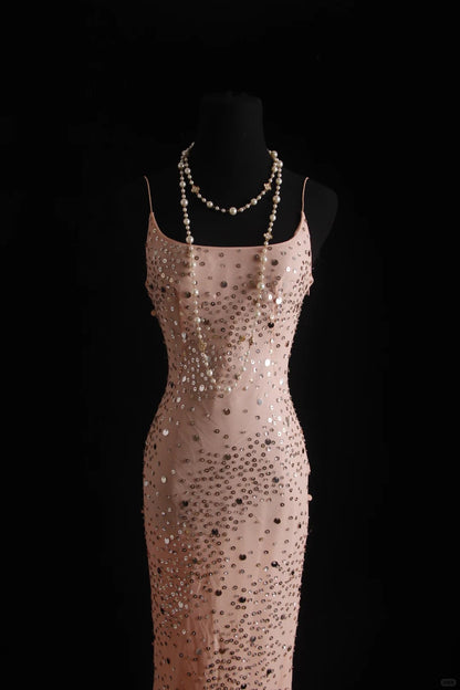 Pink Vintage Mermaid Spaghetti Strap Long Evening Gown Gorgeous Sequin Chiffon Formal Dress Prom Dress ED03798