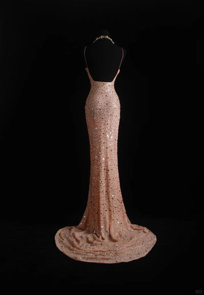 Pink Vintage Mermaid Spaghetti Strap Long Evening Gown Gorgeous Sequin Chiffon Formal Dress Prom Dress ED03798