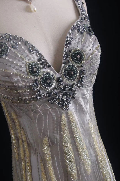 Vintage Sheath V-neck Silk Beaded Long Evening Gowns,Sequined Tulle Light Grey  Formal Dresses Gorgeous Prom Dress