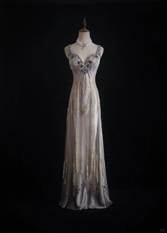 Vintage Sheath V-neck Silk Beaded Long Evening Gowns,Sequined Tulle Light Grey  Formal Dresses Gorgeous Prom Dress