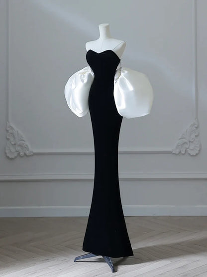 Simple Mermaid Velvet Puff Sleeves Black Long Prom Dress, Black Evening Dress ED038