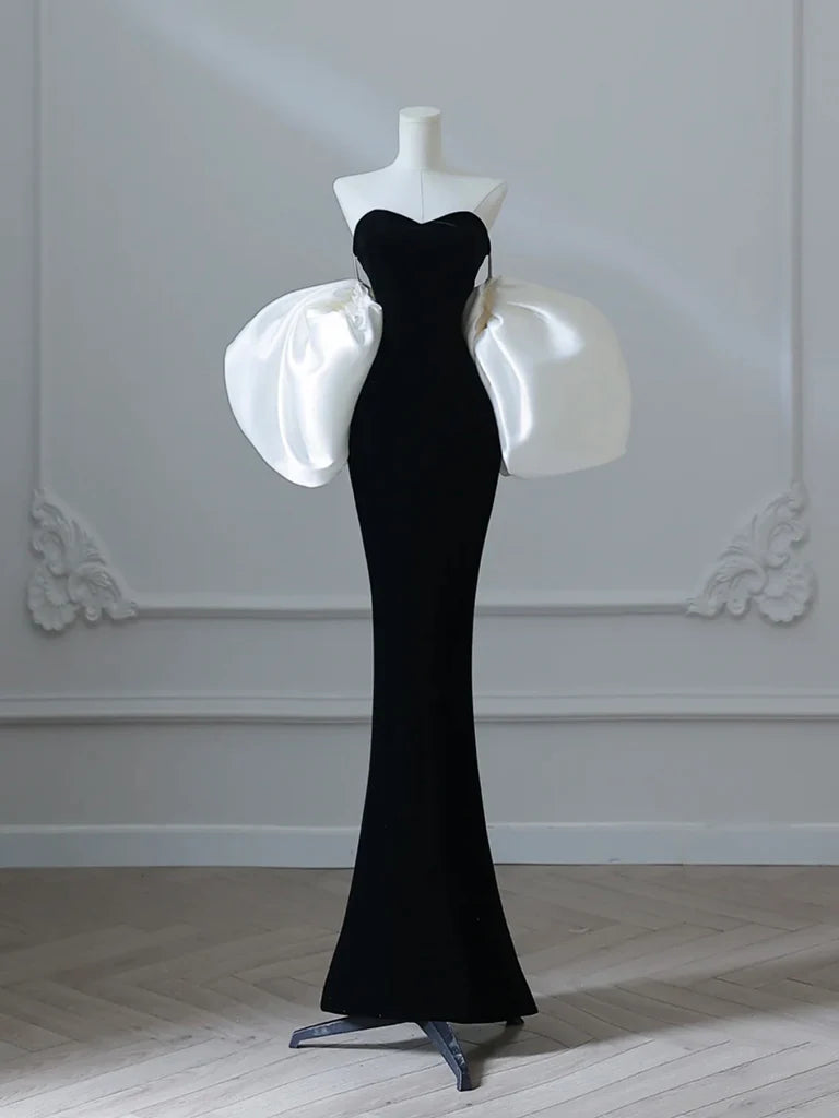 Simple Mermaid Velvet Puff Sleeves Black Long Prom Dress, Black Evening Dress ED038