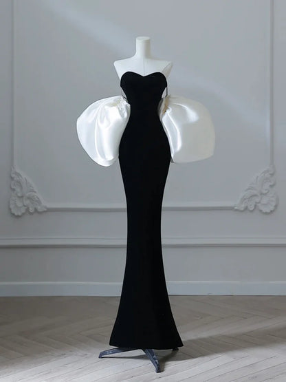 Simple Mermaid Velvet Puff Sleeves Black Long Prom Dress, Black Evening Dress ED038