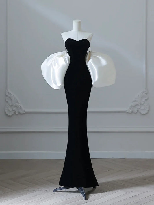 Robe de bal longue noire simple en velours style sirène, manches bouffantes, robe de soirée noire ED038