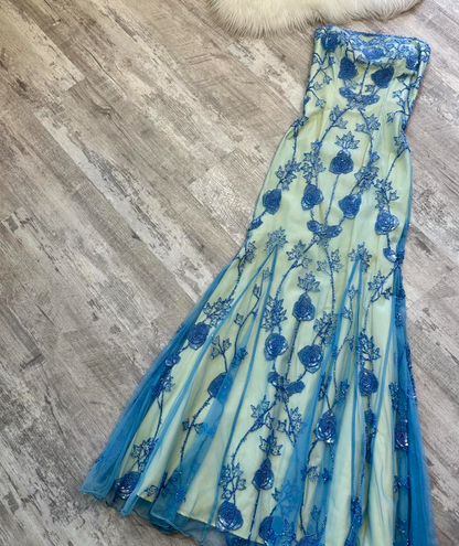 Vintage Sheath Strapless Long Evening Gown Gorgeous Blue Tulle Beaded Formal Dress Birthday Prom Dress ED03800