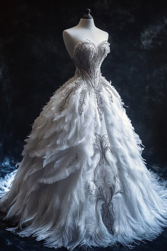 White Modest Sweetheart Ball Gown with Feather Appliques Long Evening Gown Quinceanera Dress ED03803