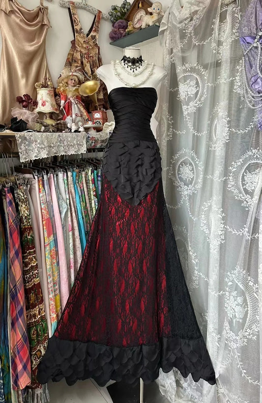 Vintage Strapless Sheath Long Evening Dresses Black Formal Dresses Lace Prom Dresses