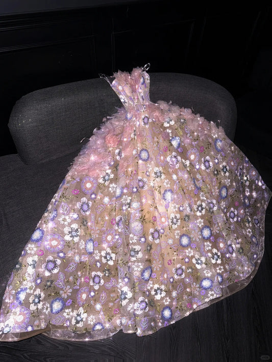 Fairytale Strapless Ball Gown Quinceanera Dress Tulle Sequin Pink Evening Dress Applique Sweet 16 Dress ED03819