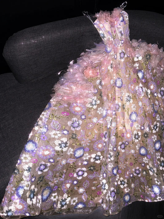 Fairytale Strapless Ball Gown Quinceanera Dress Tulle Sequin Pink Evening Dress Applique Sweet 16 Dress ED03819