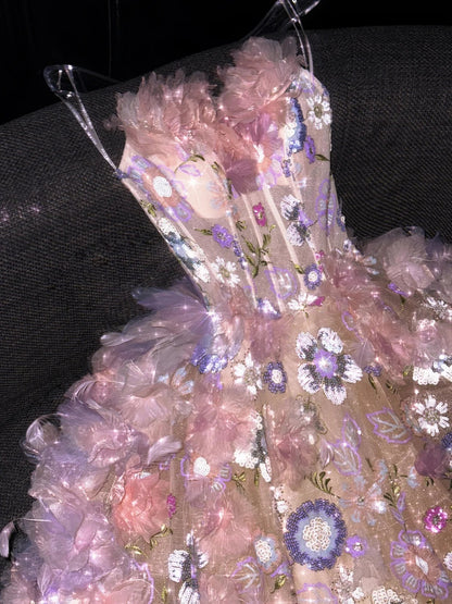 Fairytale Strapless Ball Gown Quinceanera Dress Tulle Sequin Pink Evening Dress Applique Sweet 16 Dress ED03819