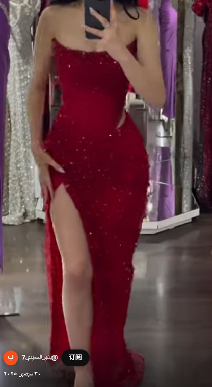 Elegant Strapless Sheath Silt Evening Dress Burgundy Modest Rhinestone Two-Piece Long Prom Dress ED03821