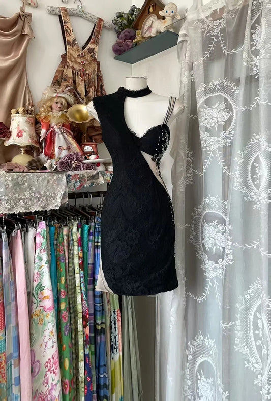 Vintage Bodycon Black Short Party Dress Asymmetrical Neck Hoco Dresses Lace Beading Formal Dress ED03852