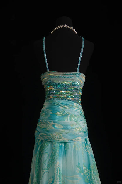 Vintage Blue Sheath Evening Gown Halter Glamour Printed Chiffon Long Prom Dress ED03868
