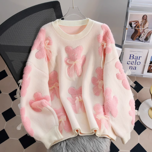 Gentle Pink Bear Bow Round Neck Sweater ED0386