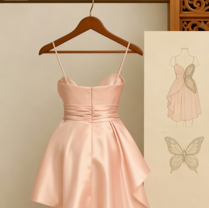 Modest Pink Sheath Formal Dress Spaghetti Strap Party Dress Birthday Dress Satin Short Homecoming Dresses ED03880