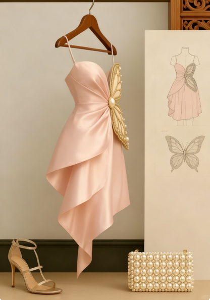 Modest Pink Sheath Formal Dress Spaghetti Strap Party Dress Birthday Dress Satin Short Homecoming Dresses ED03880