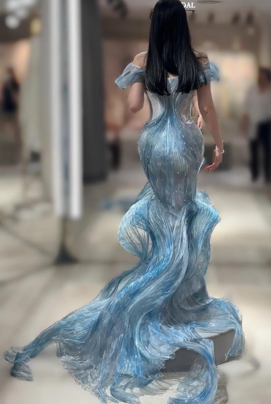 Elegant Ice Blue Mermaid Off-the-shoulder Long Prom Dresses Stunning T –  EvaFashionDress