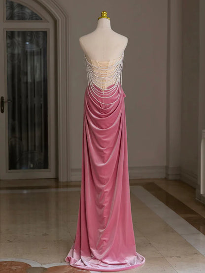Meerjungfrau Samt Perlen Rosa Langes Ballkleid, Rosa Langes Abendkleid ED039