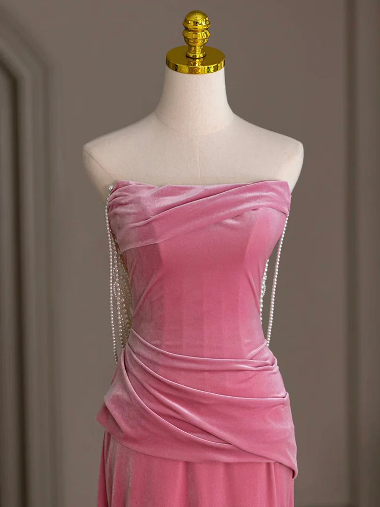Meerjungfrau Samt Perlen Rosa Langes Ballkleid, Rosa Langes Abendkleid ED039