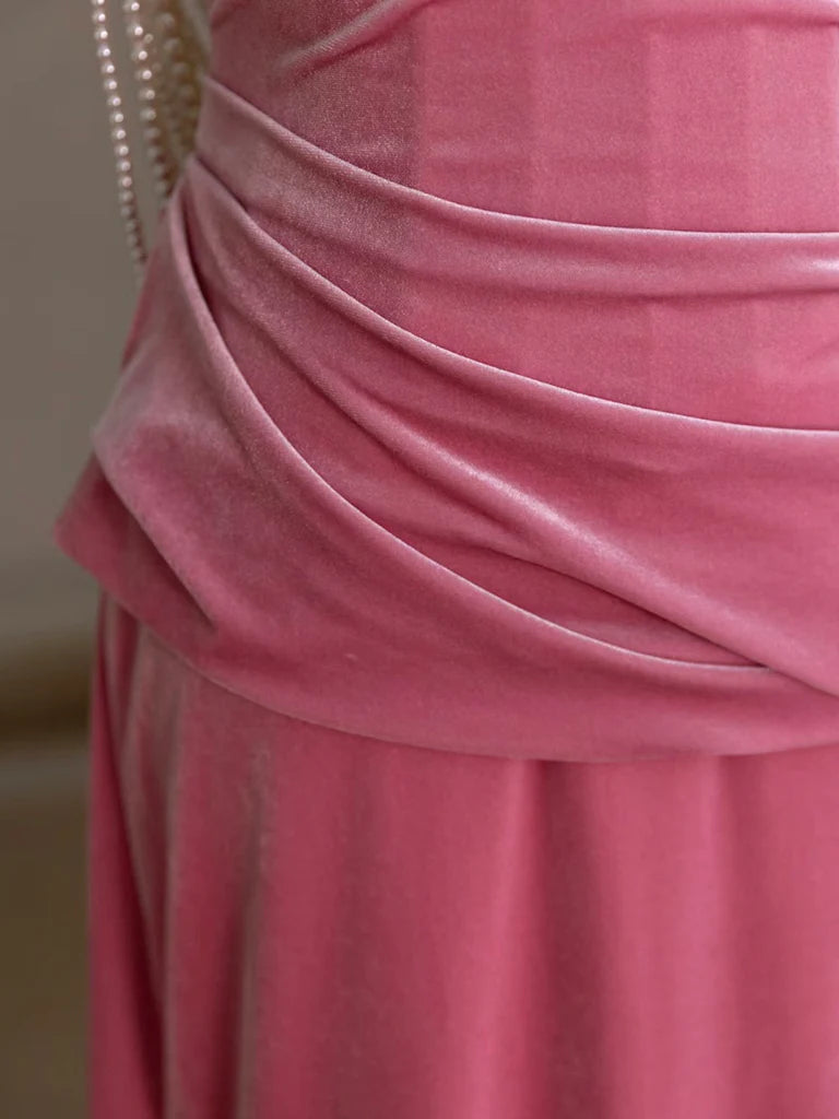 Meerjungfrau Samt Perlen Rosa Langes Ballkleid, Rosa Langes Abendkleid ED039