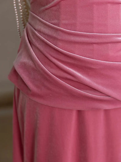Meerjungfrau Samt Perlen Rosa Langes Ballkleid, Rosa Langes Abendkleid ED039