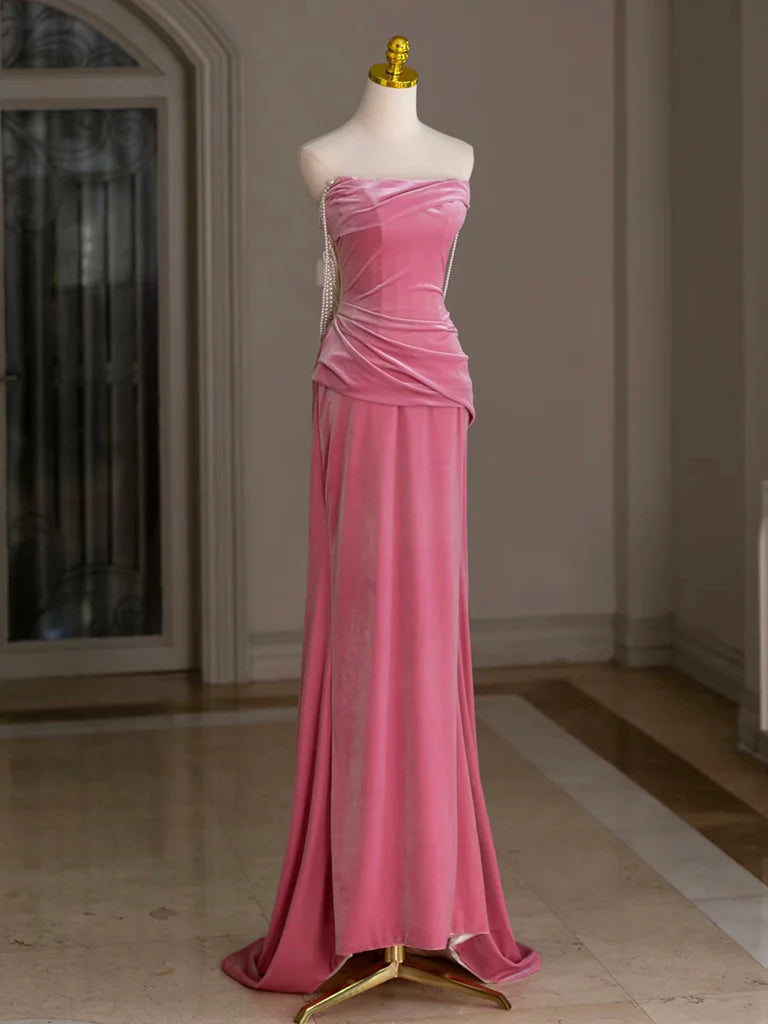 Meerjungfrau Samt Perlen Rosa Langes Ballkleid, Rosa Langes Abendkleid ED039