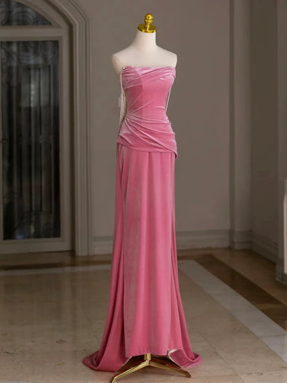 Meerjungfrau Samt Perlen Rosa Langes Ballkleid, Rosa Langes Abendkleid ED039