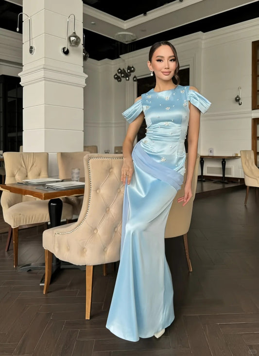 Elegant Blue Jewel Sheath Evening Dress Satin Party Dress Wedding Guest Dress ED03900