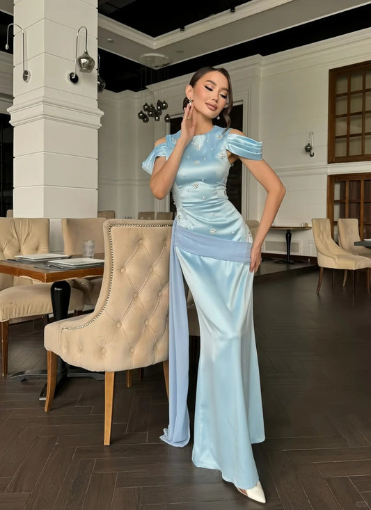 Elegant Blue Jewel Sheath Evening Dress Satin Party Dress Wedding Guest Dress ED03900