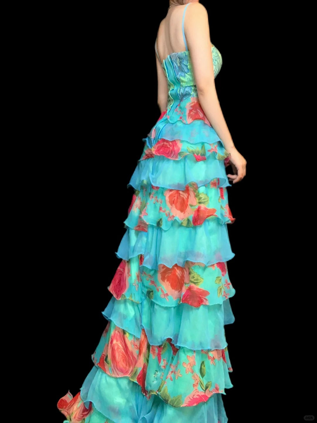 Vintage Blue Spaghetti Straps Sheath Long Formal Dress Floral Chiffon  Sweet Birthday Dress ED03904