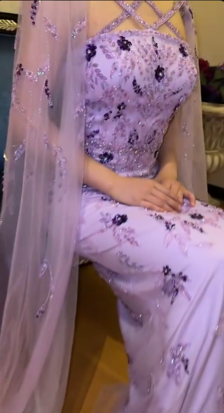 Elegant Purple Sheath Evening Gowns with Cape Modest Halter Neck Satin Beaded Formal Dress Tulle Wedding Guest Dress ED03927