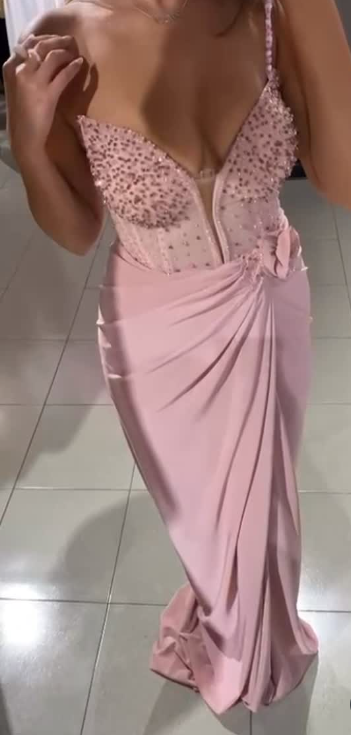Elegant Pink Sheath Evening Gowns Sexy Sweetheart Neck Satin Beaded Formal Dress Wedding Guest Dress ED03928