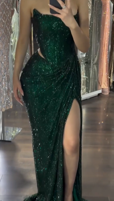 Elegant Dark Green Sheath Evening Gowns Sexy Strapless Corset Formal Dress Wedding Guest Dress ED03929