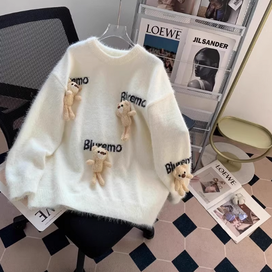Niedlicher Pullover aus Nerzimitat mit 3D-Bärenanhänger und Puppe ED0392