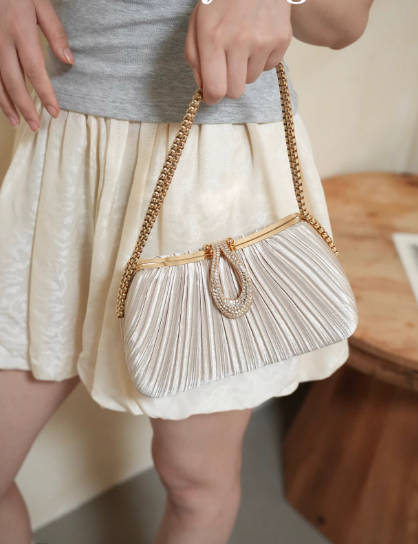 Chic Champagne Wedding Bag Sparkly Pleated Banquet Party Handbag ED03930