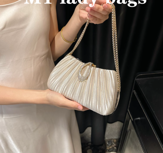 Chic Champagne Wedding Bag Sparkly Pleated Banquet Party Handbag ED03930