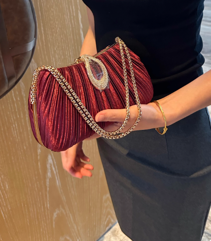 Chic Champagne Wedding Bag Sparkly Pleated Banquet Party Handbag ED03930