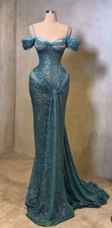 Elegant Teal Mermaid Evening Gowns Sexy Spaghetti Straps Birthday Dress Beaded Sequins Formal Dress Wedding Guest Dress ED03930