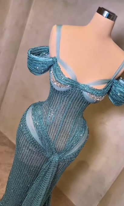 Elegant Teal Mermaid Evening Gowns Sexy Spaghetti Straps Birthday Dress Beaded Sequins Formal Dress Wedding Guest Dress ED03930