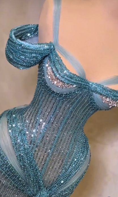 Elegant Teal Mermaid Evening Gowns Sexy Spaghetti Straps Birthday Dress Beaded Sequins Formal Dress Wedding Guest Dress ED03930