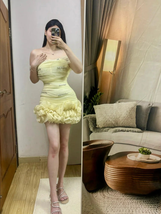 Cute Yellow Bodycon Birthday Dress Off shoulder Short Homecoming Dress Beaded Tulle Formal Dress ED03949