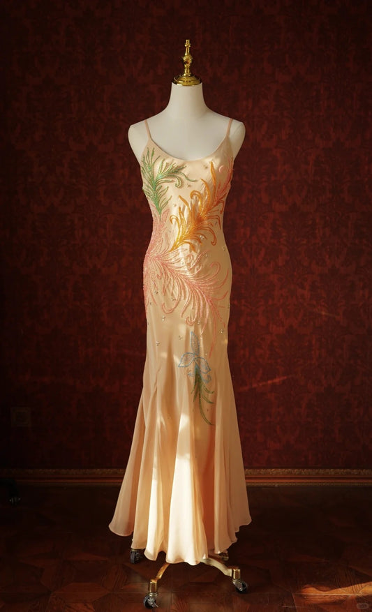 Vintage Mermaid Spaghetti Strap Chiffon Long Prom Dress Beaded Applique Light Orange Formal Evening Dress Wedding Guest Dress ED03952