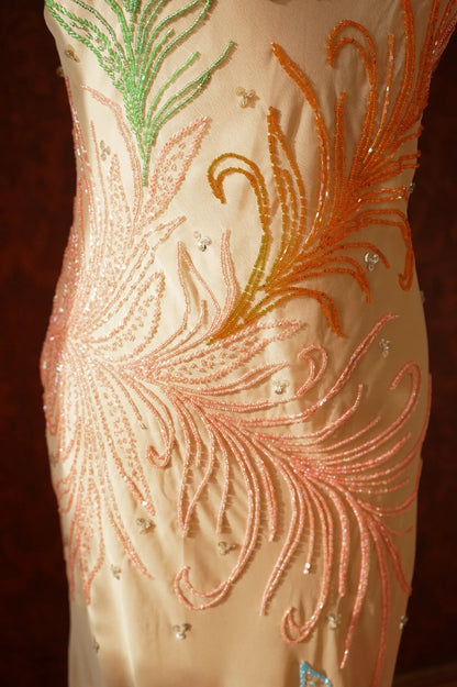Vintage Mermaid Spaghetti Strap Chiffon Long Prom Dress Beaded Applique Light Orange Formal Evening Dress Wedding Guest Dress ED03952