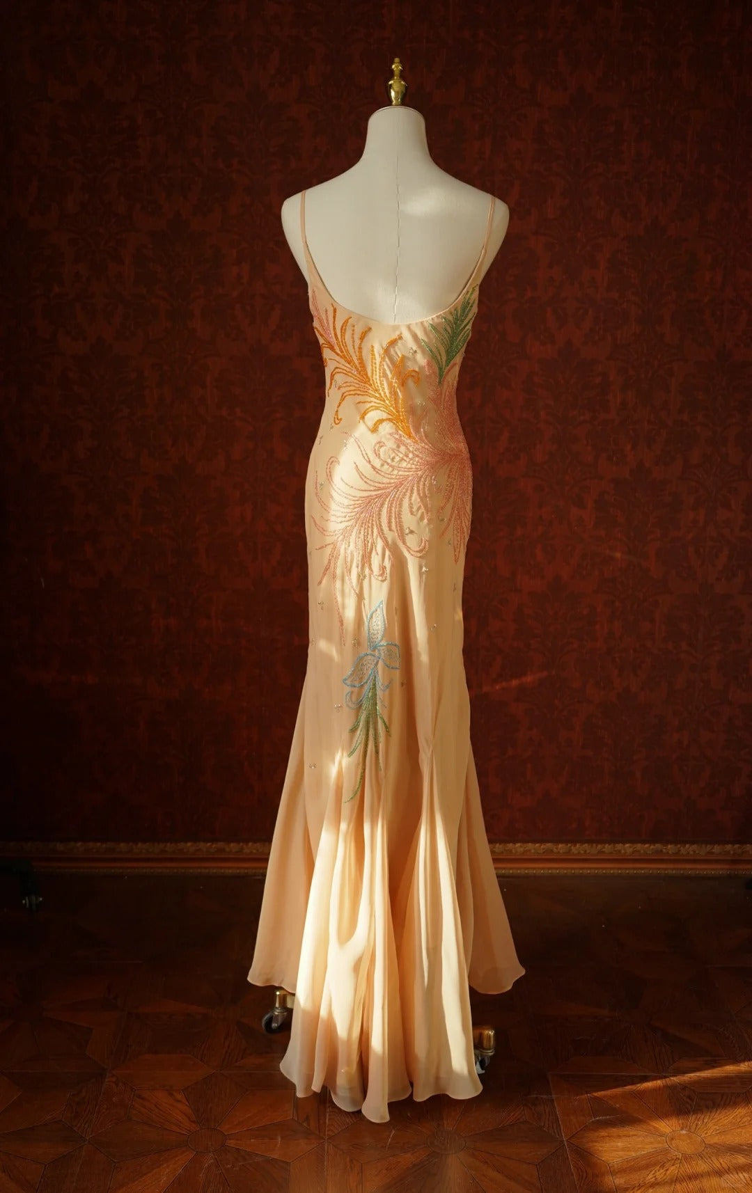 Vintage Mermaid Spaghetti Strap Chiffon Long Prom Dress Beaded Applique Light Orange Formal Evening Dress Wedding Guest Dress ED03952