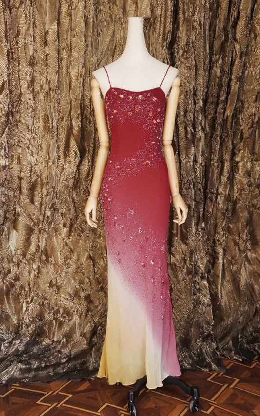 Vintage Gradient Burgundy Mermaid Spaghetti Strap Chiffon Long Prom Dress Beaded Applique Formal Evening Dress Wedding Guest Dress ED03953