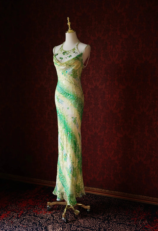 Vintage Green Sheath Spaghetti Strap Floral Chiffon Long Prom Dress Beaded Formal Evening Dress Wedding Guest Dress ED03954